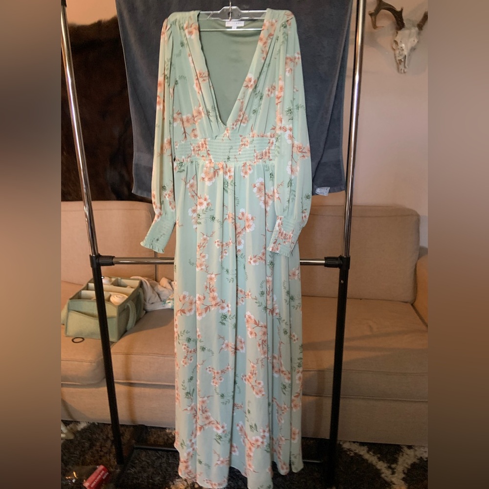 Baltic Born Green Plunge Neck Bishop Sleeve Gown